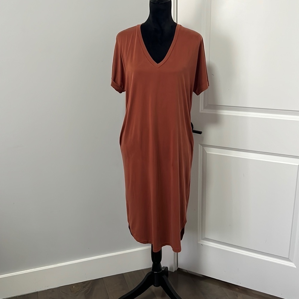 Lush Women’s Oversized Burnt Orange Long Hi-Low Hem V-Neck Shirt Dress Sz Medium